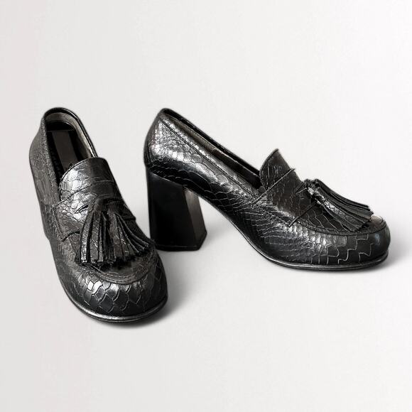 Vintage Embossed Snakeskin Leather Heeled Loafers Pumps Black US 9 EU 39 - Picture 1 of 10